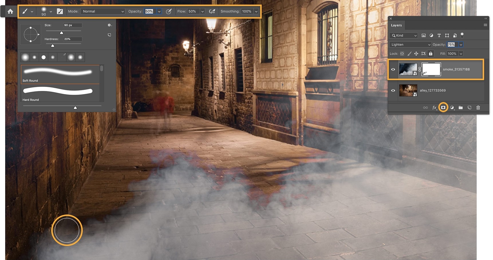 Used the Brush tools in Adobe Photoshop to create smoke effects